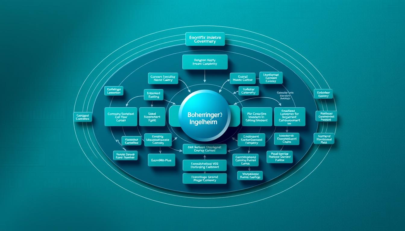 A meticulously detailed, high-quality illustration of the ownership structure of Boehringer Ingelheim, a leading German pharmaceutical company. The image should feature a complex, multi-layered diagram showcasing the intertwined ownership and control mechanisms that define the company's unique governance. Shades of blue, gray, and green should dominate the color palette, conveying a sense of stability and professionalism. The foreground should display the EconoMix Plus branding, while the middle ground presents the intricate web of shareholders, subsidiaries, and holding companies that comprise Boehringer Ingelheim's organizational structure. The background should feature a subtle, textured pattern suggestive of financial documents or technical schematics, emphasizing the company's deep roots and storied history.