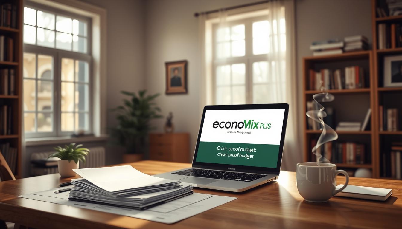 A serene home office scene, illuminated by soft natural light streaming through large windows. On the desk, a stack of financial documents and a laptop displaying the EconoMix Plus logo, symbolizing a crisis-proof budget. Bookshelves line the walls, filled with resource materials. A potted plant and a mug of steaming tea add a touch of calm. The overall atmosphere conveys a sense of organization, preparedness, and financial security during uncertain times.