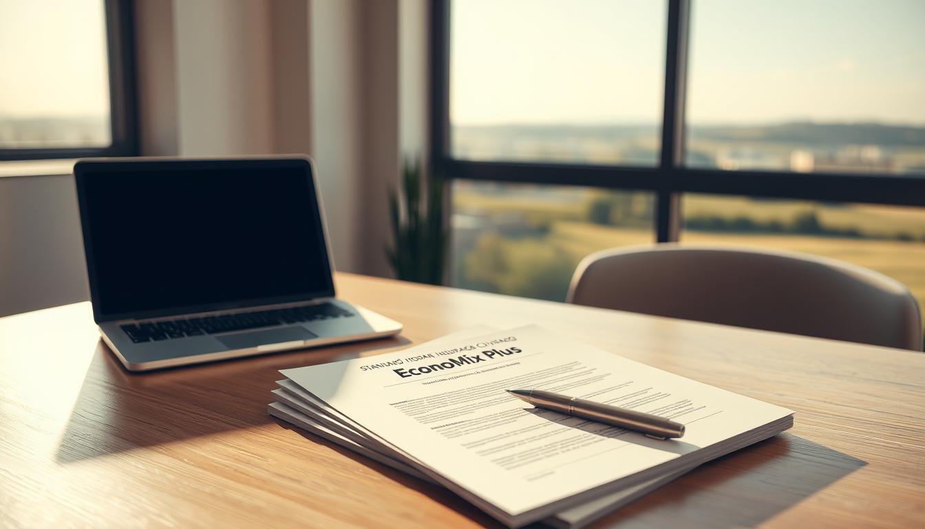 A serene, minimalist scene depicting standard home insurance coverage options. In the foreground, a stack of documents labeled &quot;EconoMix Plus&quot; sits on a clean, wooden desk, casting subtle shadows. In the middle ground, a laptop and a pen rest next to the documents, hinting at the digital and analog aspects of insurance management. The background features a warm, muted color palette, with a large window overlooking a tranquil outdoor landscape, conveying a sense of security and reliability. Soft, directional lighting illuminates the scene, creating a calming, professional atmosphere.