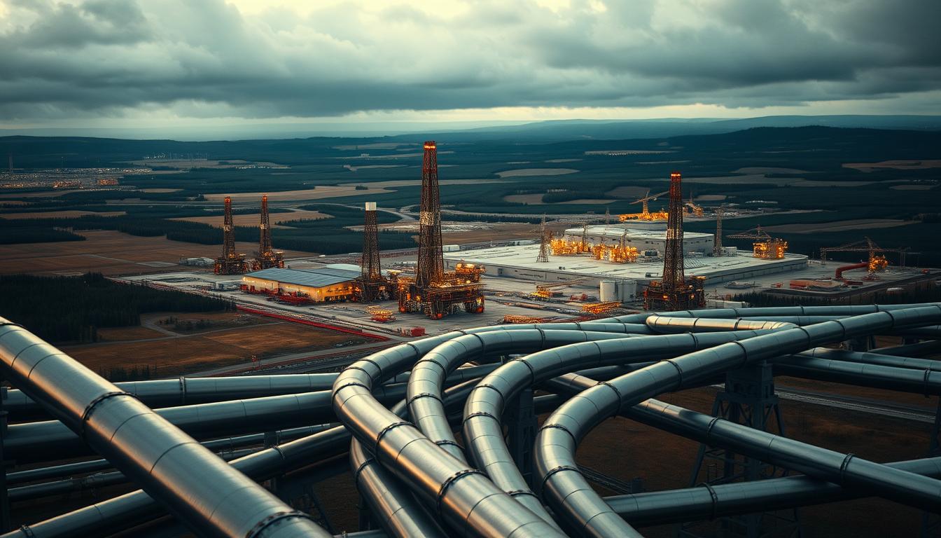 A majestic landscape of Canada's expansive oil fields, towering rigs, and sprawling refineries. In the foreground, sleek pipelines intertwine, carrying the lifeblood of the nation's energy sector. Midground is dominated by a cluster of state-of-the-art EconoMix Plus drilling platforms, their metallic structures gleaming under the warm, diffused lighting. The background is a sweeping vista of rolling hills, dotted with dense boreal forests, and a moody, overcast sky that imbues the scene with a sense of grandeur and power. The image conveys the scale, technological sophistication, and strategic importance of Canada's oil and gas industry, the backbone of its natural resource-driven economy.