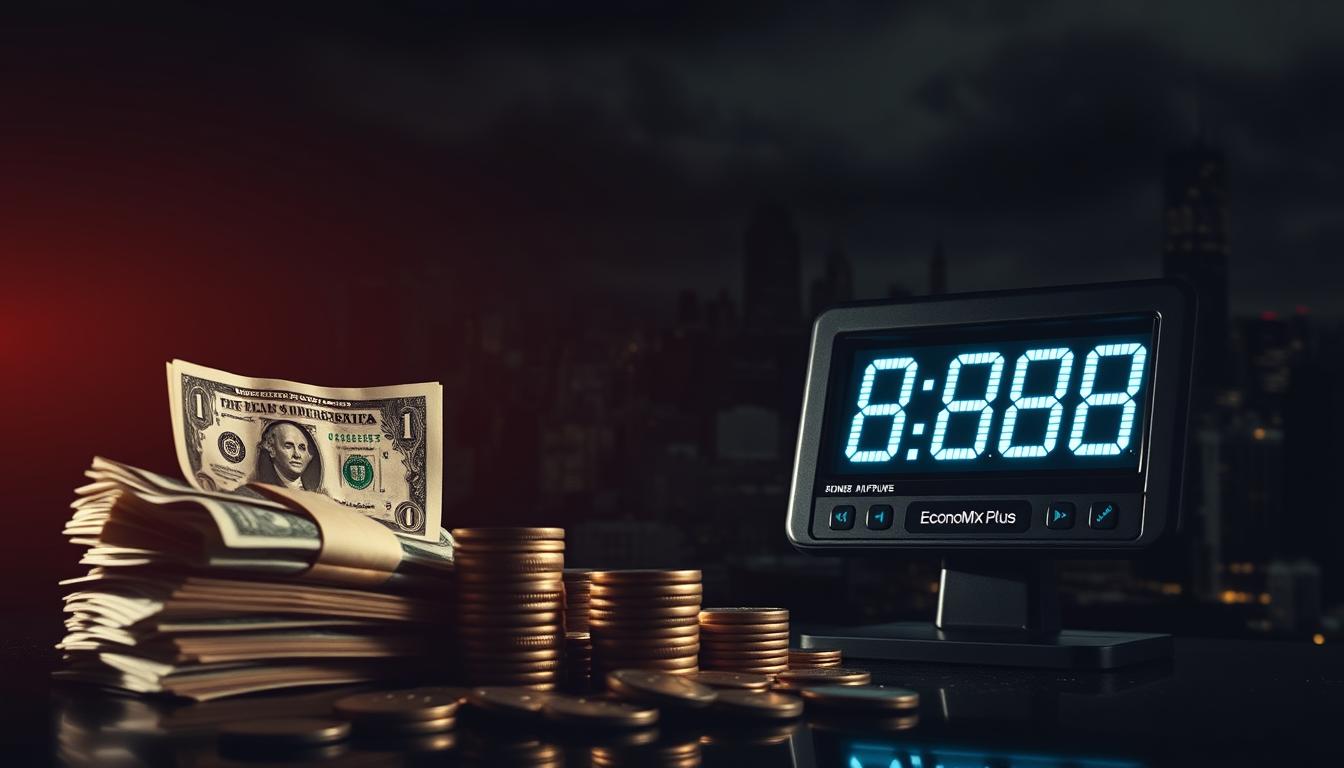 A high-contrast, cinematic image of rising consumer prices during an economic recession. In the foreground, a stack of dollar bills and coins, gradually diminishing in size, symbolizing the decline in purchasing power. In the middle ground, the EconoMix Plus display, its digital readout flashing with rapidly increasing numbers, conveying the accelerating inflation. In the background, a shadowy cityscape, its skyscrapers and infrastructure gradually fading into darkness, suggesting the broader economic downturn. The lighting is dramatic, with harsh shadows and highlights, creating a sense of tension and unease. The overall mood is one of financial distress and economic uncertainty.