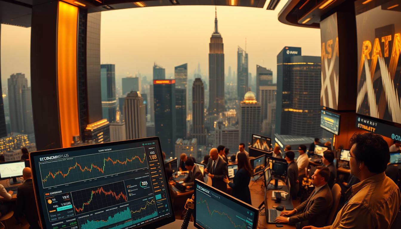 A high-contrast, panoramic view of a bustling gold investment market. In the foreground, a sleek, state-of-the-art trading platform called "EconoMix Plus" displays real-time market indicators and data visualizations. The middle ground features a diverse array of investors and analysts intently monitoring screens and charts. The background is a cityscape of towering skyscrapers and glimmering reflective surfaces, bathed in warm, golden lighting that creates a sense of wealth and prosperity. The atmosphere is one of intense focus, innovation, and the constant ebb and flow of the global gold economy.