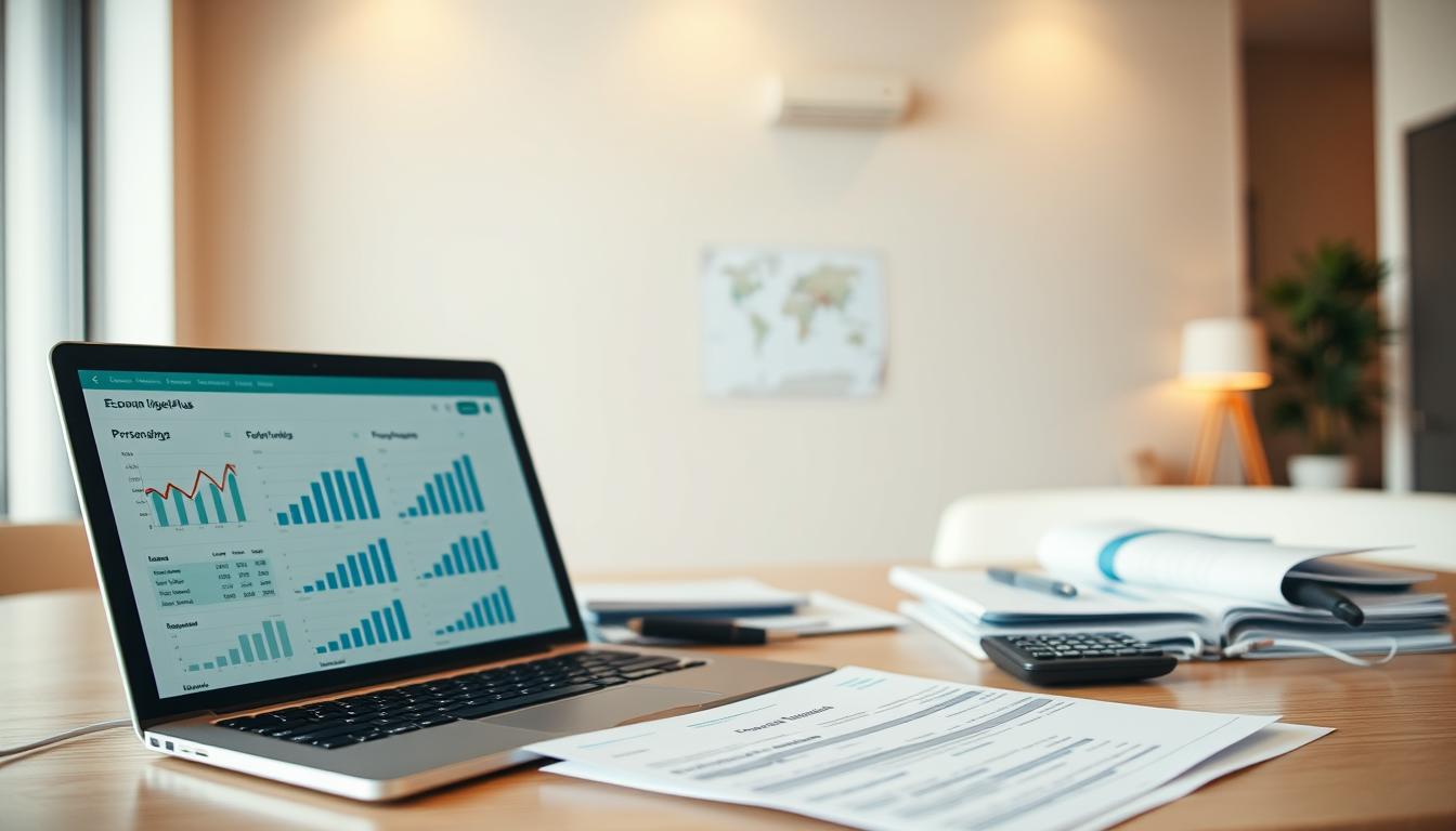A detailed financial assessment of personal finances, showcasing the EconoMix Plus budgeting tool. Realistic graphs, charts, and calculations are presented in a clean, minimalist office setting with warm lighting and a slightly tilted camera angle. The foreground features a laptop displaying the EconoMix Plus interface, while the middle ground shows neatly organized documents and a calculator. The background subtly hints at a modern, professional environment with neutral-toned walls and furniture. The overall mood conveys a sense of financial control, organization, and informed decision-making.