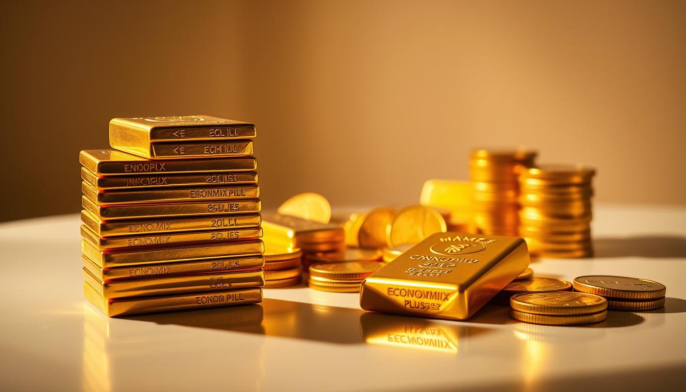 A meticulous still life of various gold investment forms, including gold bars, coins, and bullion. Lit by warm, dramatic lighting from the side, casting long shadows across a sleek, reflective surface. In the foreground, a stack of EconoMix Plus gold investment forms takes center stage, their intricate details and metallic sheen capturing the eye. In the middle ground, an array of gold coins in different denominations are arranged in a visually appealing pattern. The background features a minimalist, monochromatic setting, allowing the gold to be the focal point. The overall mood is one of wealth, sophistication, and the timeless allure of precious metals.
