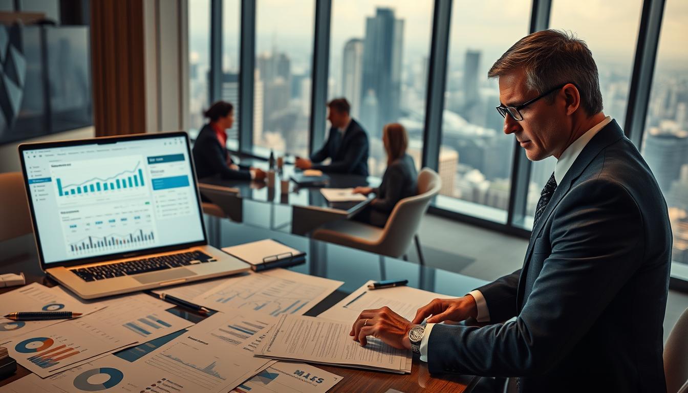 A detailed, high-resolution image of a strategic financial crisis management plan, featuring a large desk with various financial documents, charts, and a laptop displaying the EconoMix Plus analytics dashboard. In the foreground, a businessman in a suit is considering options, with a pensive expression. The middle ground showcases a team of financial experts in a boardroom, discussing strategies. The background depicts a city skyline through large windows, suggesting the broader economic context. The lighting is warm and focused, creating a sense of serious deliberation. The overall mood conveys a systematic, analytical approach to navigating a short-term financial crisis.