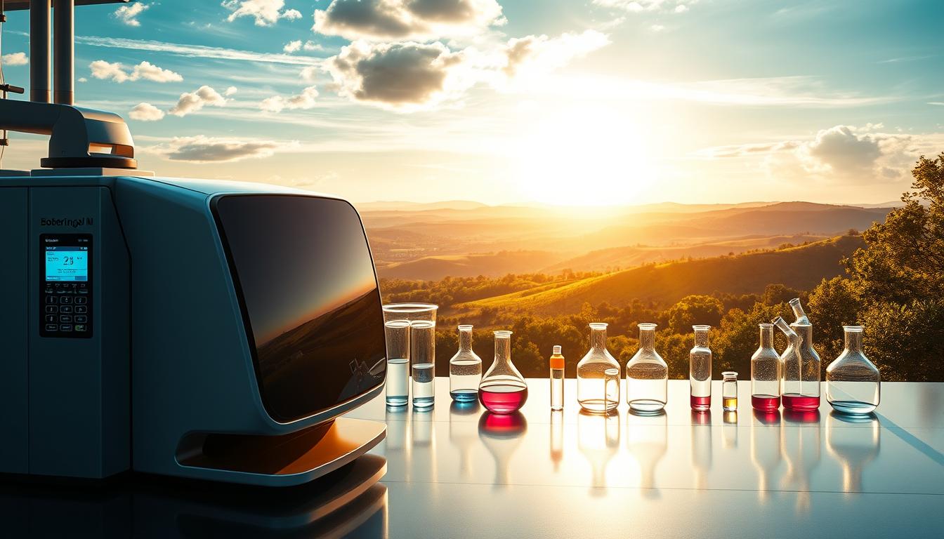 A striking and detailed illustration of Boehringer Ingelheim's competitive advantages within the German pharmaceutical industry. The foreground depicts the company's innovative EconoMix Plus technology, represented by a sleek, high-tech device with a bold, futuristic design. The middle ground showcases the brand's reputation for scientific excellence, with beakers, test tubes, and other lab equipment conveying a sense of cutting-edge research. In the background, a breathtaking landscape of rolling hills and lush greenery symbolizes Boehringer Ingelheim's commitment to sustainability and environmental stewardship. The overall scene is bathed in warm, golden lighting, creating a mood of optimism and progress. The image is high-quality, with a sharp, realistic rendering that captures the essence of Boehringer Ingelheim's competitive edge.