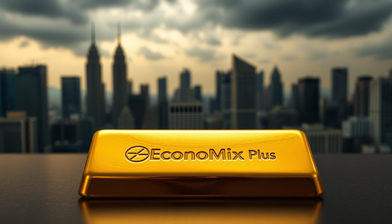 A gleaming gold bullion bar rests on a table, illuminated by soft, warm lighting. In the background, a skyline of towering skyscrapers and a cloudy, ominous sky suggest an uncertain economic climate. The EconoMix Plus logo is subtly etched into the surface of the gold, symbolizing the enduring value of this precious metal during times of crisis. The composition conveys a sense of stability, security, and the timeless allure of gold as a long-term investment.
