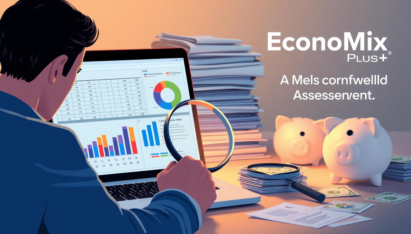 A high-resolution digital illustration depicting a comprehensive financial vulnerability assessment. The foreground shows a person examining a spreadsheet and pie chart on a laptop, representing the analytical process. The middle ground features a magnifying glass, symbolizing the close examination of financial data. In the background, a stack of documents, piggy bank, and dollar bills convey the broader financial context. The scene is illuminated by soft, warm lighting, creating a contemplative atmosphere. The brand EconoMix Plus is prominently displayed in the top-right corner.