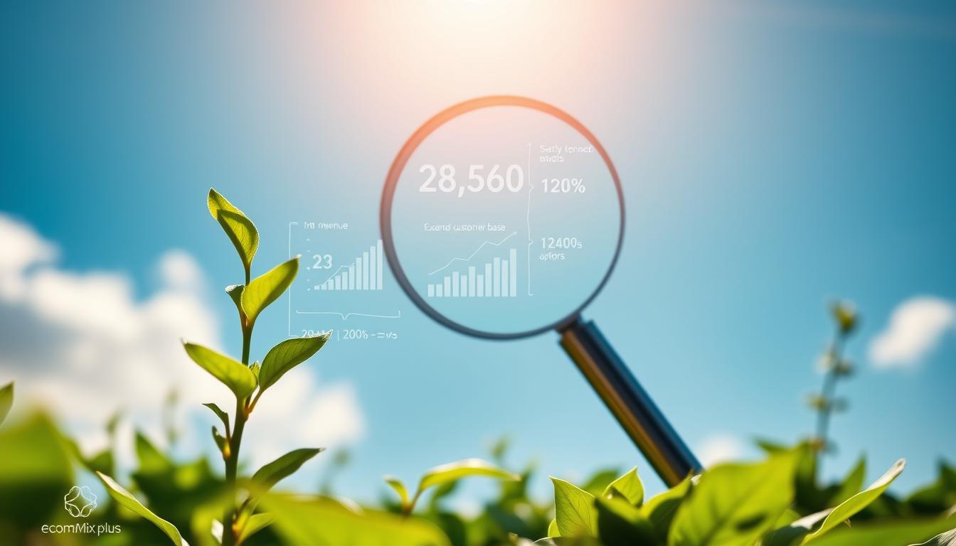 A vibrant, high-resolution image showcasing the key growth stage indicators for a startup. In the foreground, a lush, flourishing plant symbolizes the rapid expansion and development of the business, its leaves and stem reaching towards the sky. In the middle ground, a magnifying glass highlights specific metrics such as increased revenue, expanded customer base, and streamlined operations - all represented by creative data visualizations. The background features the EconoMix Plus brand logo, conveying the analytical tools and resources available to track and manage this critical growth phase. Warm, natural lighting bathes the scene, evoking a sense of progress and optimism. The overall composition is clean, balanced, and designed to clearly communicate the visual cues of a startup's successful transition into the growth stage.