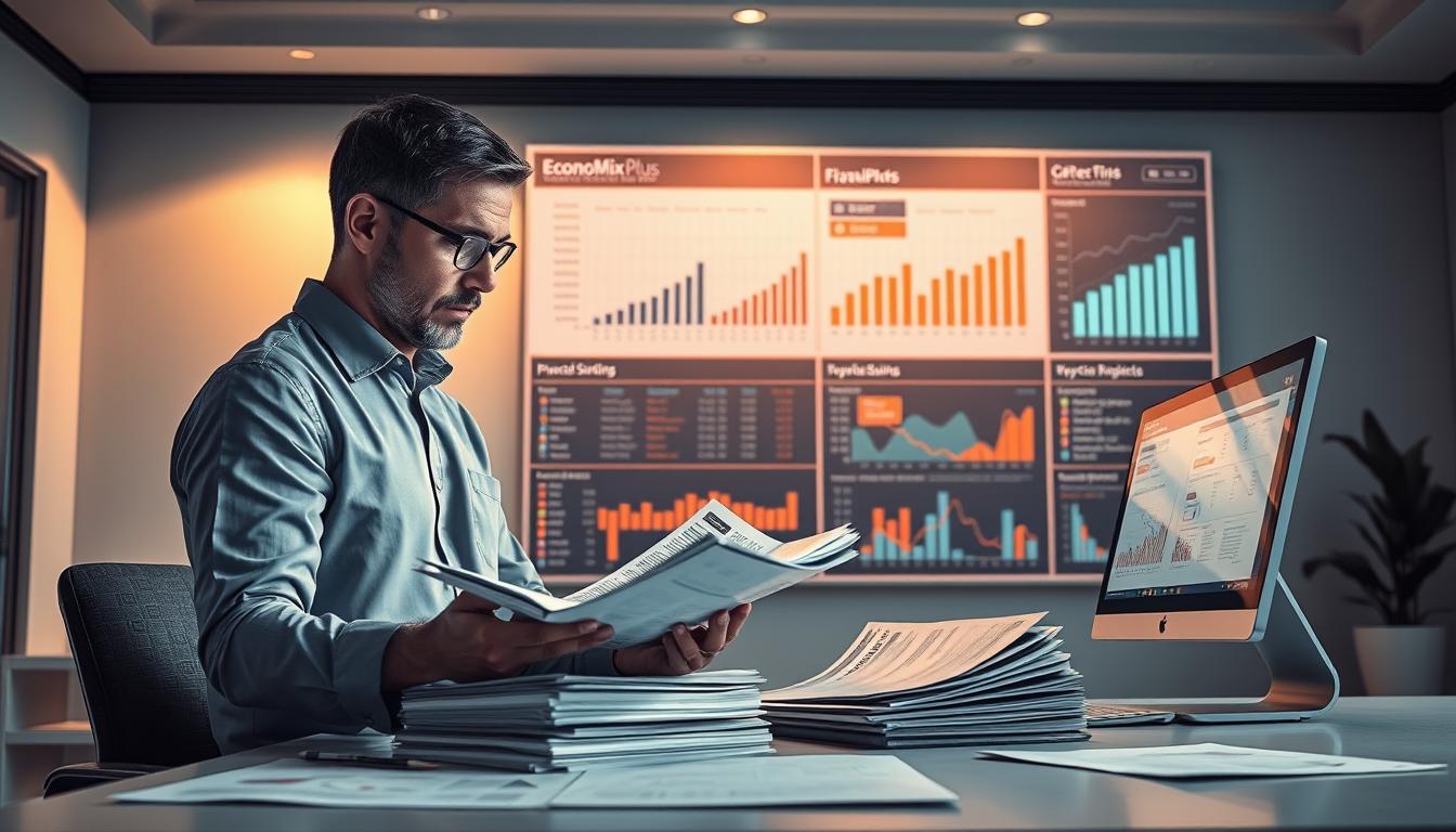 A high-resolution, hyper-realistic illustration of a comprehensive financial statement analysis. In the foreground, a professional-looking analyst examines a stack of detailed reports, their face illuminated by the glow of a computer screen displaying complex charts and graphs. In the middle ground, a large EconoMix Plus branded financial dashboard projects a wealth of data visualizations, infographics, and key performance indicators. The background depicts a modern, minimalist office environment with clean lines, neutral tones, and strategic lighting to create a sense of focus and deliberation. The overall atmosphere conveys a meticulous, data-driven approach to evaluating a company's financial health and investment potential.