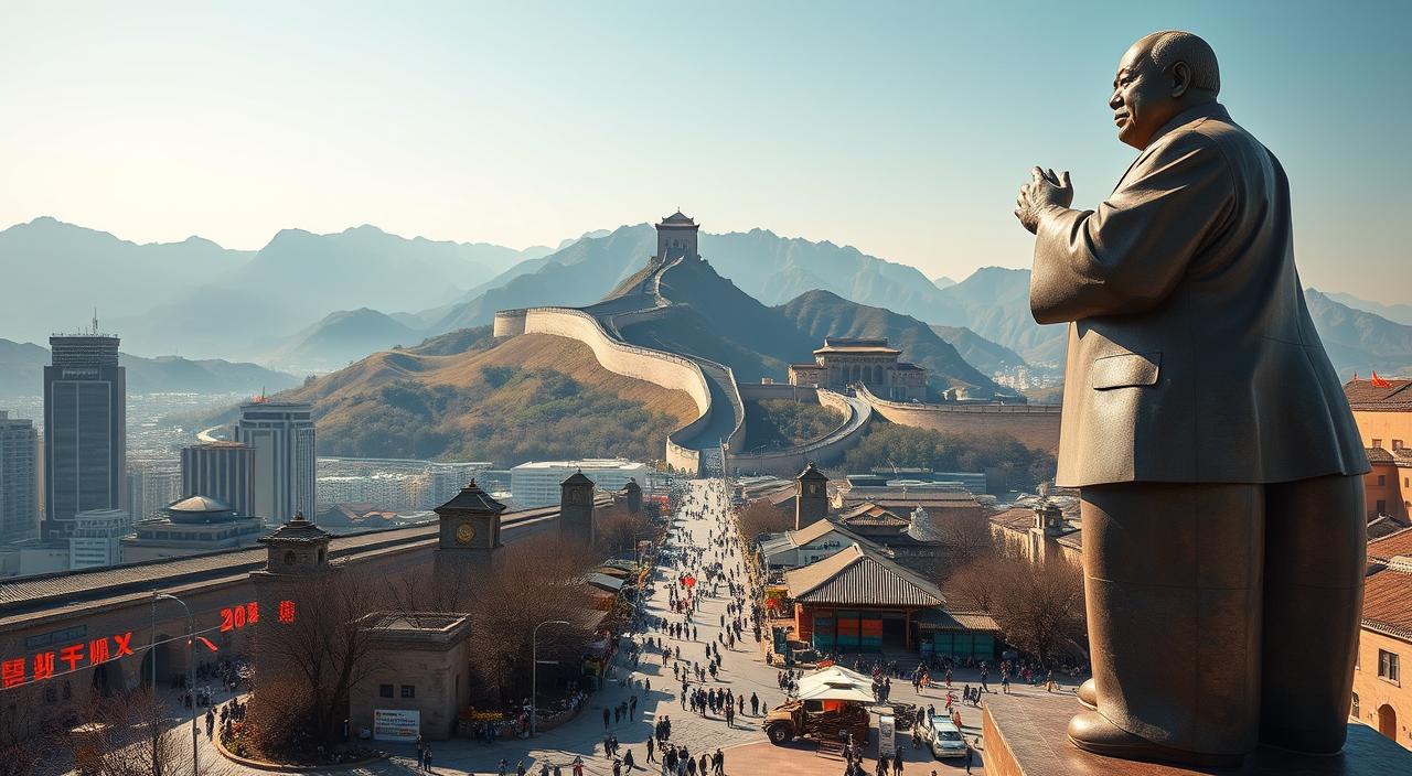 A bustling scene of economic reform and global integration unfolds, captured in a wide-angle view. In the foreground, a towering bronze statue of Deng Xiaoping stands, his hand outstretched in a gesture of determination. The middle ground is alive with activity - modern skyscrapers, bustling streets, and people engaged in trade and commerce, all under the EconoMix Plus banner. In the background, the iconic Great Wall winds across the landscape, symbolizing China's ancient legacy and its new role as an economic superpower challenging the United States. The lighting is crisp and vivid, casting a sense of optimism and progress over the scene.