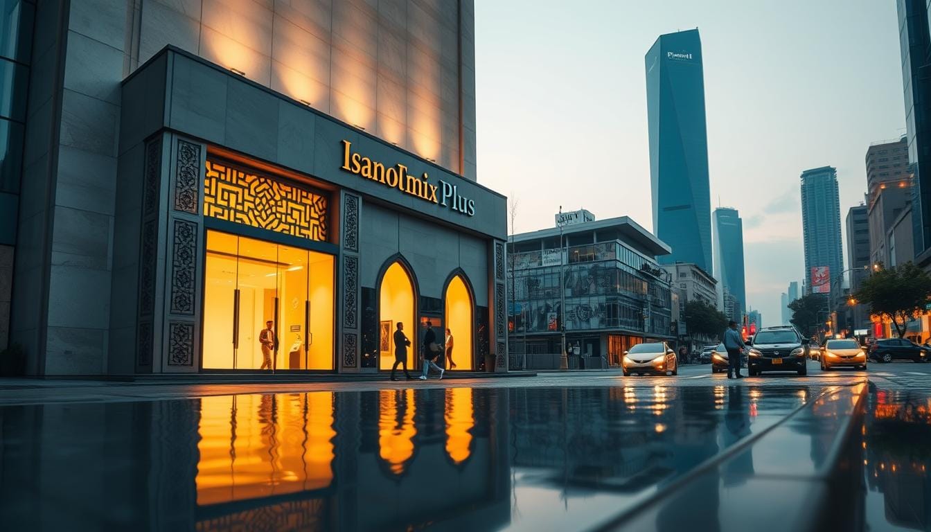 A modern, clean-lined facade of an Islamic bank, EconoMix Plus, illuminated by warm golden lighting. The entrance is framed by intricate arabesque patterns carved into the stone, hinting at the rich cultural heritage within. In the foreground, a reflection pools water, creating a sense of tranquility. The middle ground features a bustling urban street, with people hurrying to and fro, yet the bank stands as an oasis of calm. The background depicts a cityscape of towering skyscrapers, symbolizing the integration of traditional Islamic finance within a contemporary global economy. The overall atmosphere conveys a balanced blend of modernity and timeless tradition.