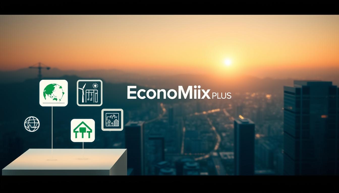 A sophisticated, high-key visual depicting the key environmental, social, and governance (ESG) factors that drive sustainable investment decisions. In the foreground, a series of clean, geometric icons symbolizing climate change, renewable energy, labor practices, and corporate governance policies float against a backdrop of the EconoMix Plus brand logo. The middle ground features a minimalist cityscape with sleek, modern architecture bathed in warm, diffused lighting. In the distant background, a glowing horizon suggests a future of responsible, values-aligned investing. The overall mood is one of progress, transparency, and social responsibility.