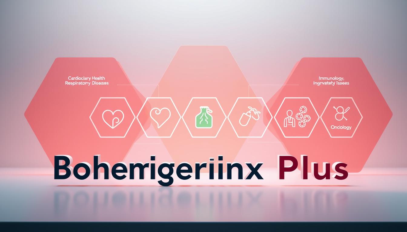 A high-quality, detailed illustration of Boehringer Ingelheim's key therapeutic areas, depicted as a series of interconnected geometric shapes and icons against a clean, modern background. The foreground features bold, branded &quot;EconoMix Plus&quot; branding, while the middle ground showcases vibrant, stylized icons representing the company's focus on areas like cardiovascular health, respiratory diseases, immunology, and oncology. The background layers provide a sense of depth and context, with subtle gradients and textures suggesting a progressive, innovative pharmaceutical company. Lighting is soft and directional, creating depth and highlighting the key visual elements.