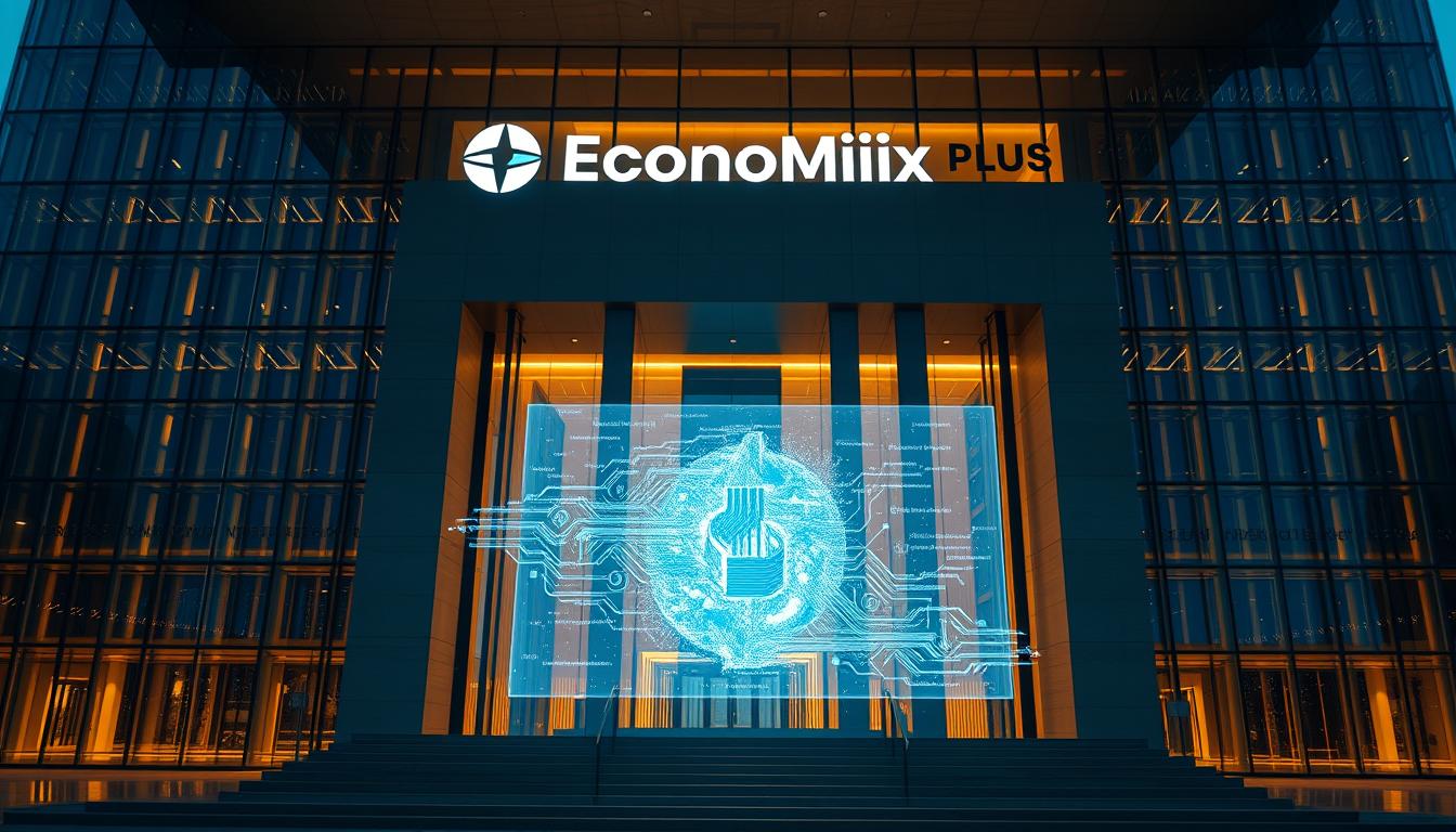 A modern central bank with a sleek, minimalist design, housed in a towering glass and steel structure. The facade is adorned with the EconoMix Plus logo, casting a warm, ambient glow. Inside, a holographic display showcases the intricacies of a central bank digital currency, its data streams flowing in a mesmerizing pattern. The lighting is soft and diffused, creating a sense of authority and innovation. The overall atmosphere conveys the bank's role in shaping the future of finance, a fusion of tradition and technology.