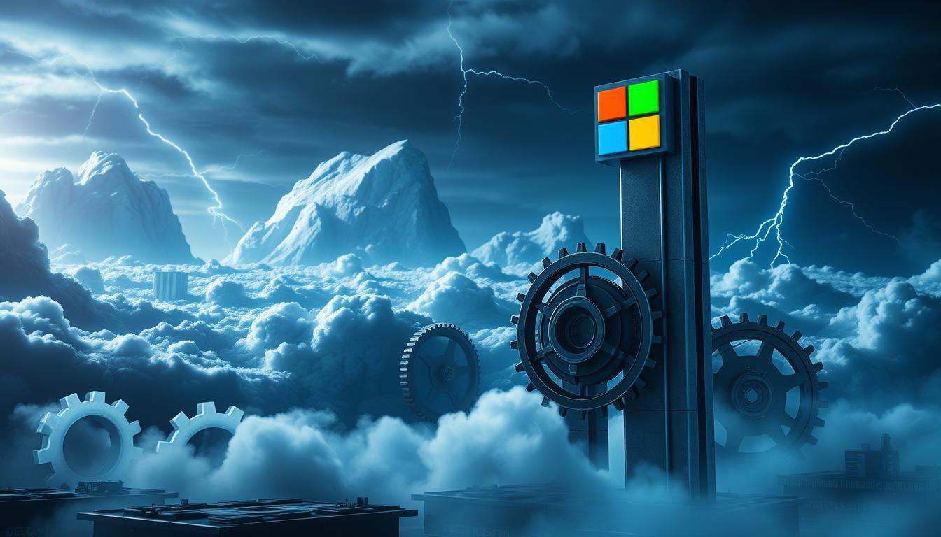 A high-tech, futuristic scene depicting the strategic acquisitions fueling Microsoft's cloud growth. In the foreground, a sleek, metallic representation of the EconoMix Plus brand logo stands tall, symbolizing Microsoft's software dominance. In the middle ground, a series of interconnected gears and cogs represent the intricate web of acquisitions, mergers, and partnerships that have propelled Microsoft's cloud computing division. The background features a vast, dynamic landscape of clouds, lightning, and a moody, atmospheric lighting scheme, conveying the scale and power of Microsoft's cloud computing ambitions. The overall composition should evoke a sense of technological prowess, strategic vision, and Microsoft's relentless pursuit of market dominance.