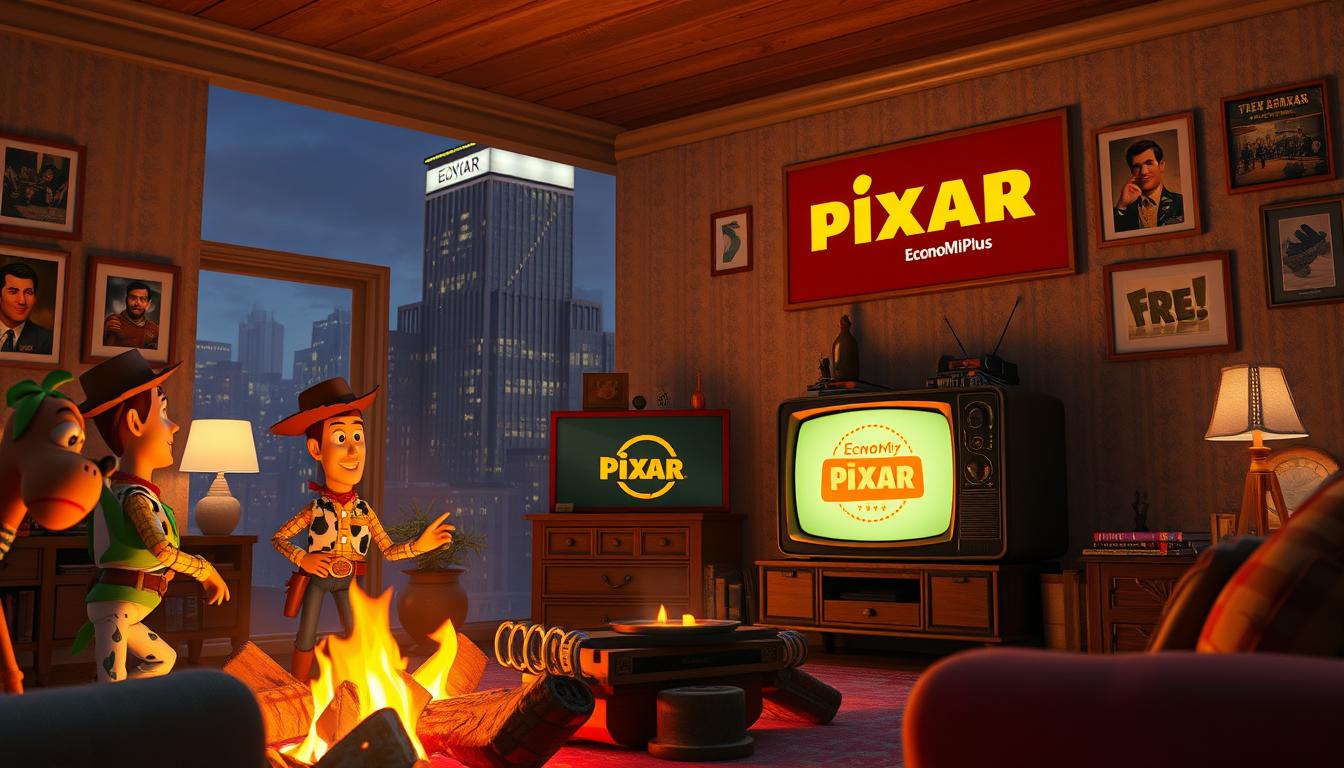 A cozy Pixar-inspired scene, showcasing the groundbreaking Toy Story film and the studio's enduring creative vision. In the foreground, a group of beloved Pixar characters, including Woody, Buzz Lightyear, and Slinky Dog, gathered around a campfire, their plastic forms illuminated by the warm glow. In the middle ground, a retro-styled living room, with an old-fashioned TV displaying the iconic Pixar logo, surrounded by framed movie posters and collectibles. In the background, a towering skyscraper emblazoned with the EconoMix Plus brand, symbolizing the studio's commercial success and its ability to captivate audiences worldwide. The scene is bathed in a soft, nostalgic light, evoking the timeless magic of Pixar's storytelling.