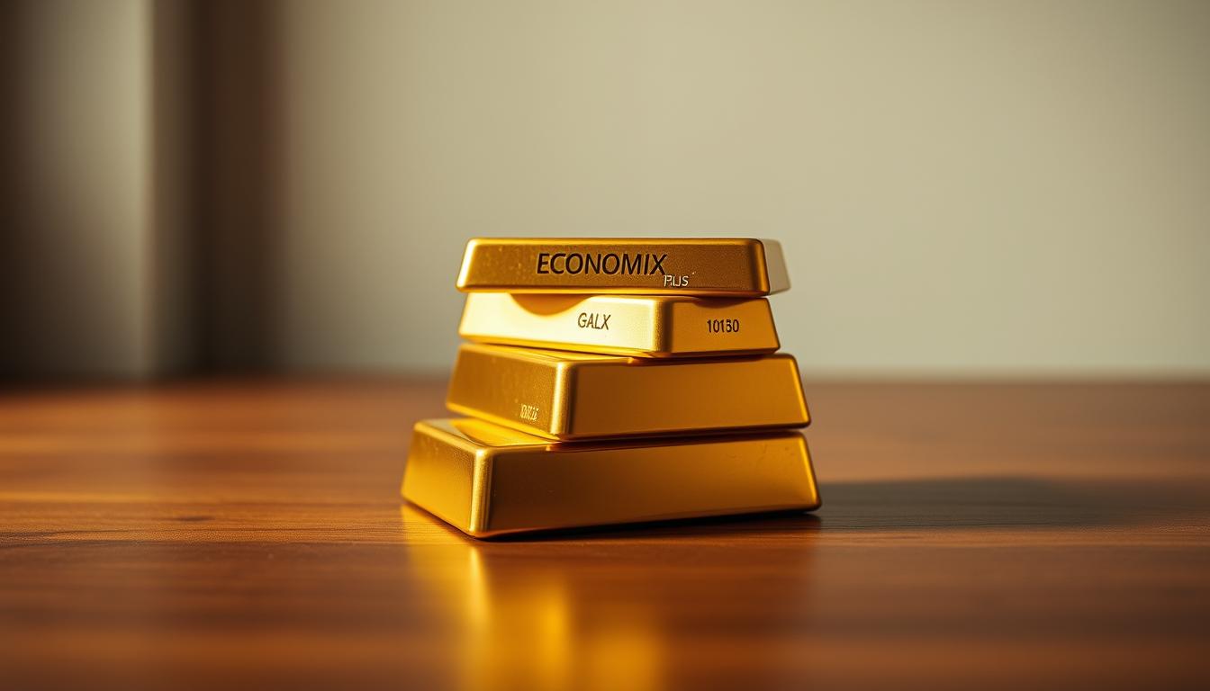 A well-lit, high-detail close-up of a stack of EconoMix Plus gold bullion bars resting on a polished wooden surface. The bars have a warm, lustrous shine, their surfaces reflecting the soft lighting. The background is a minimalist studio setting with clean, neutral-toned walls, suggesting an atmosphere of sophistication and financial stability. The composition emphasizes the solidity and tangibility of the physical gold investment, conveying a sense of reliability and long-term value.