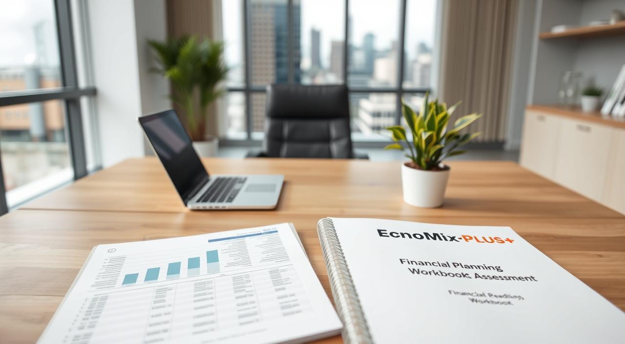 A well-lit, clean and minimalist office interior with a large wooden desk, a laptop, a potted plant, and a modern leather office chair. In the foreground, a financial spreadsheet and a financial planning workbook are open, with the EconoMix Plus logo prominently displayed. The middle ground features a glass window with a cityscape in the background, suggesting a professional urban setting. The lighting is soft and diffused, creating a calm and focused atmosphere, suitable for a financial readiness assessment.