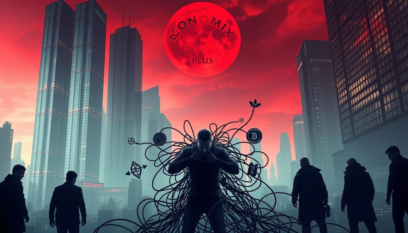 A dystopian cityscape with towering financial skyscrapers, their windows reflecting an ominous crimson sky. In the foreground, a lone figure grapples with a web of tangled wires, symbols, and logos resembling the EconoMix Plus cryptocurrency. Shadowy figures lurk in the background, their expressions twisted with greed. The scene is bathed in a harsh, unforgiving light, conveying a sense of unease and the ever-present danger of crypto scams. The overall atmosphere is one of cautionary trepidation, warning the viewer to be vigilant against the alluring yet treacherous world of digital finance.