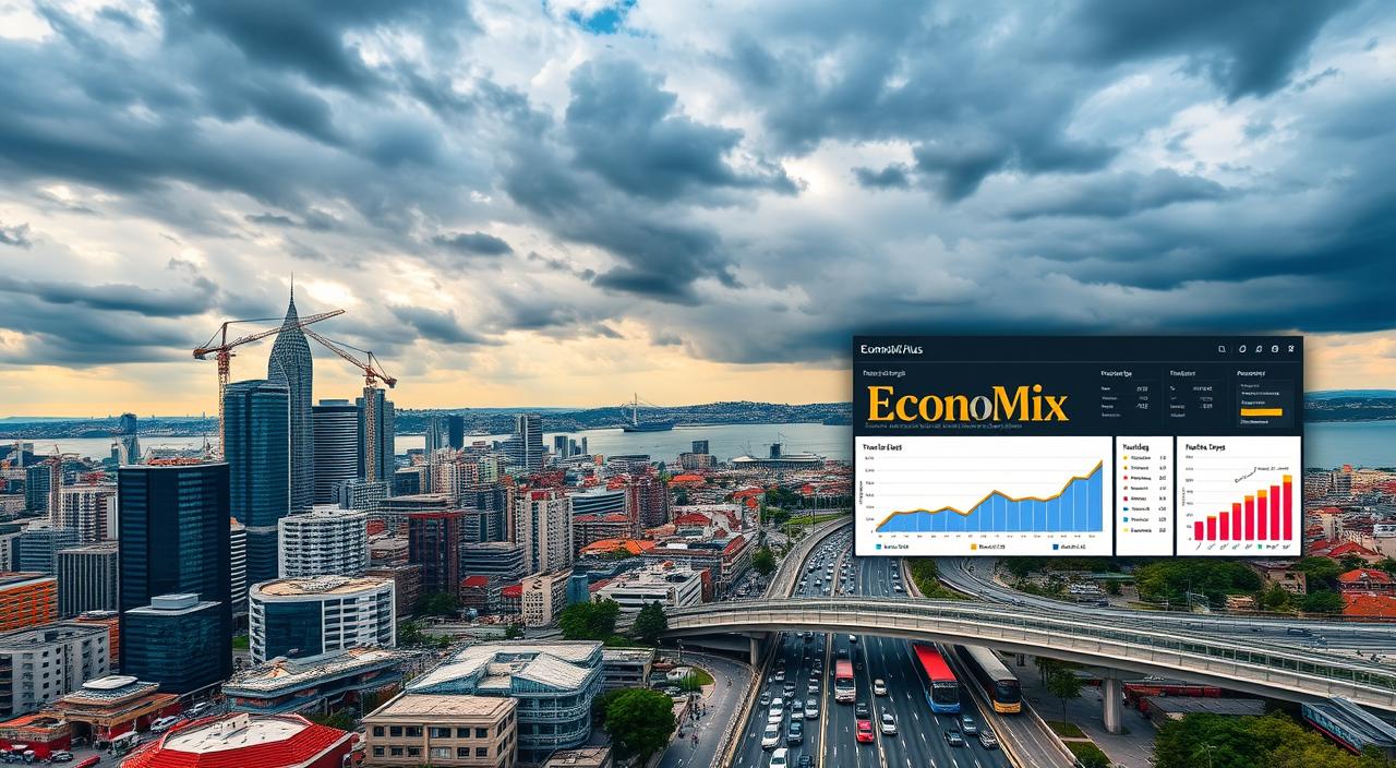 An aerial view of Istanbul's bustling financial district, with towering skyscrapers and cranes dotting the skyline. The EconoMix Plus dashboard displays vibrant charts and graphs, showcasing Turkey's economic growth trends over the past decade. In the foreground, a cityscape of modern architecture is framed by a dramatic, cloudy sky. The middle ground features a busy transportation network, with cars, buses, and pedestrians navigating the streets. The background is a panoramic view of the Bosphorus Strait, a testament to Turkey's strategic geographic location. The scene conveys a sense of dynamism, progress, and the ever-evolving nature of the Turkish economy.