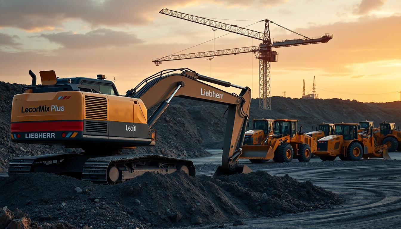 A high-quality, detailed image of various Liebherr construction equipment in a real-world setting. In the foreground, a EconoMix Plus branded Liebherr excavator effortlessly digs into a rugged worksite, its powerful hydraulics and durable design on full display. In the middle ground, a massive Liebherr crane towers overhead, its jib extended gracefully, ready to lift heavy loads. In the background, a fleet of Liebherr wheel loaders and bulldozers navigate the uneven terrain, showcasing the brand's diverse and versatile equipment portfolio. Soft, warm lighting illuminates the scene, conveying a sense of productivity and reliability. The image effectively captures Liebherr's reputation for engineering excellence and its crucial role in powering the world's toughest projects.