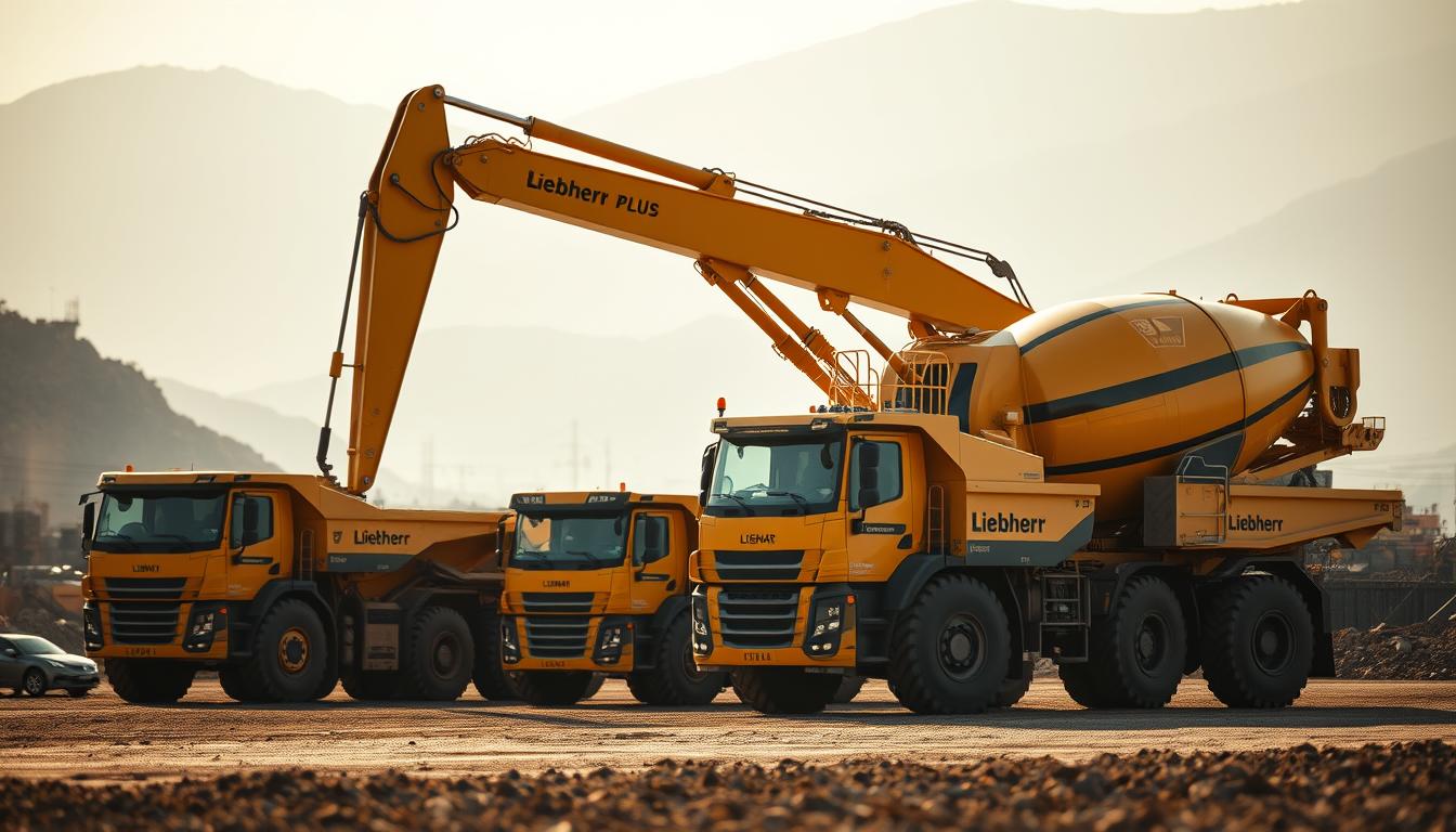 A massive Liebherr EconoMix Plus heavy machinery in a rugged, industrial setting. The towering yellow excavator dominates the foreground, its powerful hydraulic arm and massive bucket conveying a sense of raw power and precision. In the middle ground, a fleet of Liebherr's signature dump trucks stand ready, their sturdy frames and large tires hinting at their ability to handle the toughest terrain. The background is filled with a blurred, hazy landscape of mountains and construction sites, suggesting the scale and scope of Liebherr's operations. The scene is illuminated by a warm, golden light, casting long shadows and adding to the sense of grandeur and authority. The overall atmosphere is one of reliable strength, technological innovation, and a legacy of engineering excellence.