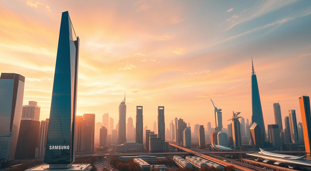 A dynamic cityscape unfolds, with towering skyscrapers and sleek, futuristic buildings rising against a vibrant, pastel-hued sky. In the foreground, a gleaming Samsung logo stands tall, its bold, clean lines a testament to the company's innovative spirit. The midground features various products, from cutting-edge smartphones to advanced electronics, all seamlessly integrated into the urban landscape. In the background, a network of transportation modes and bustling activity suggest the global reach and rapid growth of Samsung Electronics. Warm, golden lighting casts a sense of optimism and progress, capturing the essence of Samsung's early diversification strategy and its rise to prominence.