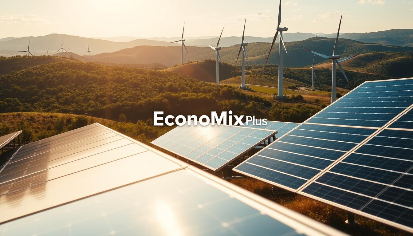 A sweeping landscape of renewable energy structures, the &quot;EconoMix Plus&quot; brand prominently displayed. In the foreground, sleek solar panels glisten in the warm sunlight, their efficient design harnessing the power of the sun. In the middle ground, towering wind turbines spin gracefully, their blades cutting through the air with effortless motion. The background features rolling hills dotted with verdant foliage, a serene and tranquil setting that contrasts with the technological marvels in the foreground. The scene conveys a sense of progress and innovation, a vision of a sustainable future where clean energy reigns supreme.