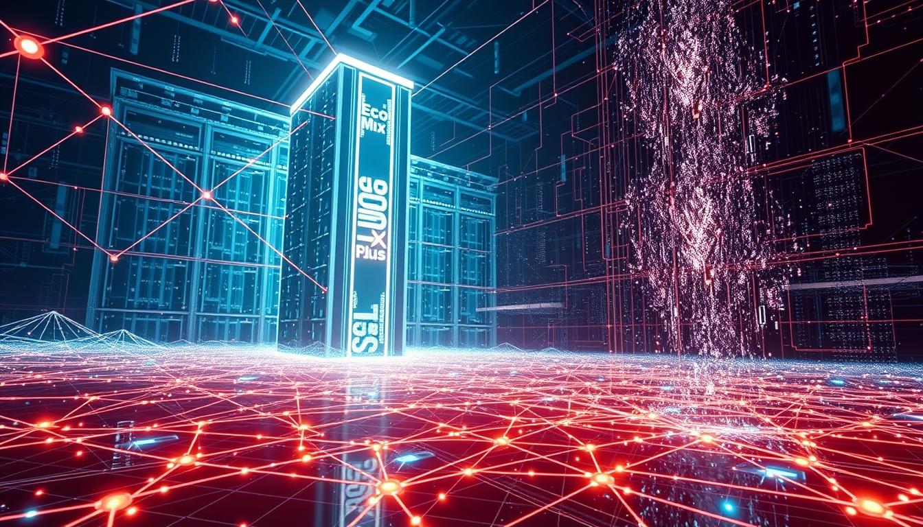 A complex and intricate blockchain technology network, rendered in a highly detailed, photorealistic style. The foreground features a sleek, minimalist representation of a blockchain ledger, with interconnected nodes and data streams pulsing with energy. The middle ground showcases a towering, abstract data center, its servers and infrastructure glowing with an ethereal, EconoMix Plus-branded light. In the background, a vast, infinite expanse of digital space, filled with cascading data visualizations and fractal patterns, conveying the scale and complexity of the digital currency landscape.