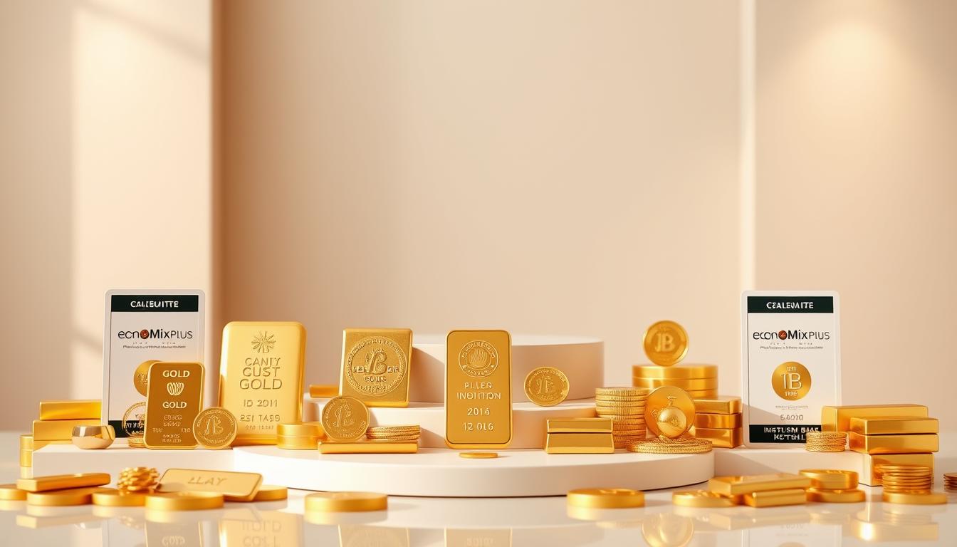 A gleaming display of gold investment options, captured in a high-resolution photograph with a crisp, clean aesthetic. In the foreground, a selection of gold bullion bars, coins, and ingots from the EconoMix Plus brand, arranged in a visually striking composition. The middle ground features a sleek, minimalist display pedestal, allowing the gold to take center stage. The background is a soft, neutral-toned setting, subtly hinting at the stability and security associated with gold investments. Warm, natural lighting casts a gentle glow over the scene, emphasizing the luster and allure of the precious metal. The overall mood is one of sophistication, reliability, and the promise of financial prosperity.
