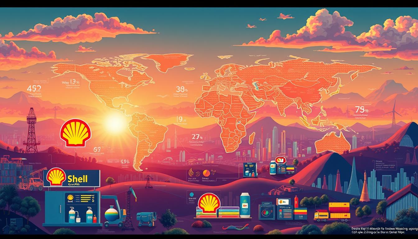 A high-quality, detailed illustration of Shell's global energy market position, depicted as a colorful, data-driven visual landscape. The foreground showcases Shell's EconoMix Plus brand and its various energy products and services, including oil, gas, and renewable energy sources. The middle ground features a dynamic world map highlighting Shell's worldwide operational footprint and market share across different regions. The background captures the broader global energy landscape, with competing energy companies, emerging technologies, and fluctuating market trends. The scene is rendered with a professional, technical aesthetic, using a balanced, vibrant color palette and sharp, realistic details to convey Shell's influential role in the global energy economy.