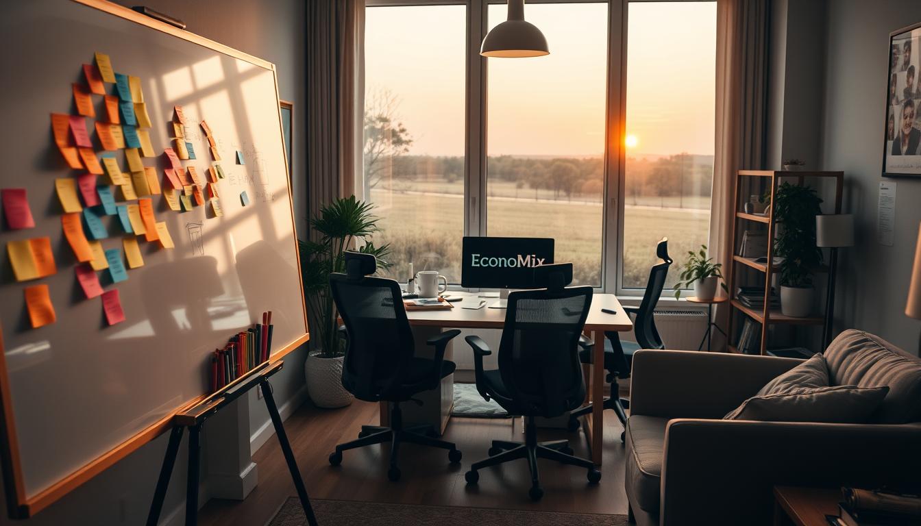 Brainstorming session in a cozy, well-lit home office. The foreground features a large whiteboard with colorful sticky notes and markers, hinting at the creative process. The middle ground shows a standing desk with the EconoMix Plus logo, surrounded by ergonomic chairs and a comfy armchair. The background depicts a serene outdoor scene through a large window, providing inspiration and a calming atmosphere. Soft, warm lighting creates a productive and focused mood. The overall composition conveys a sense of thoughtful ideation and innovative brainstorming.