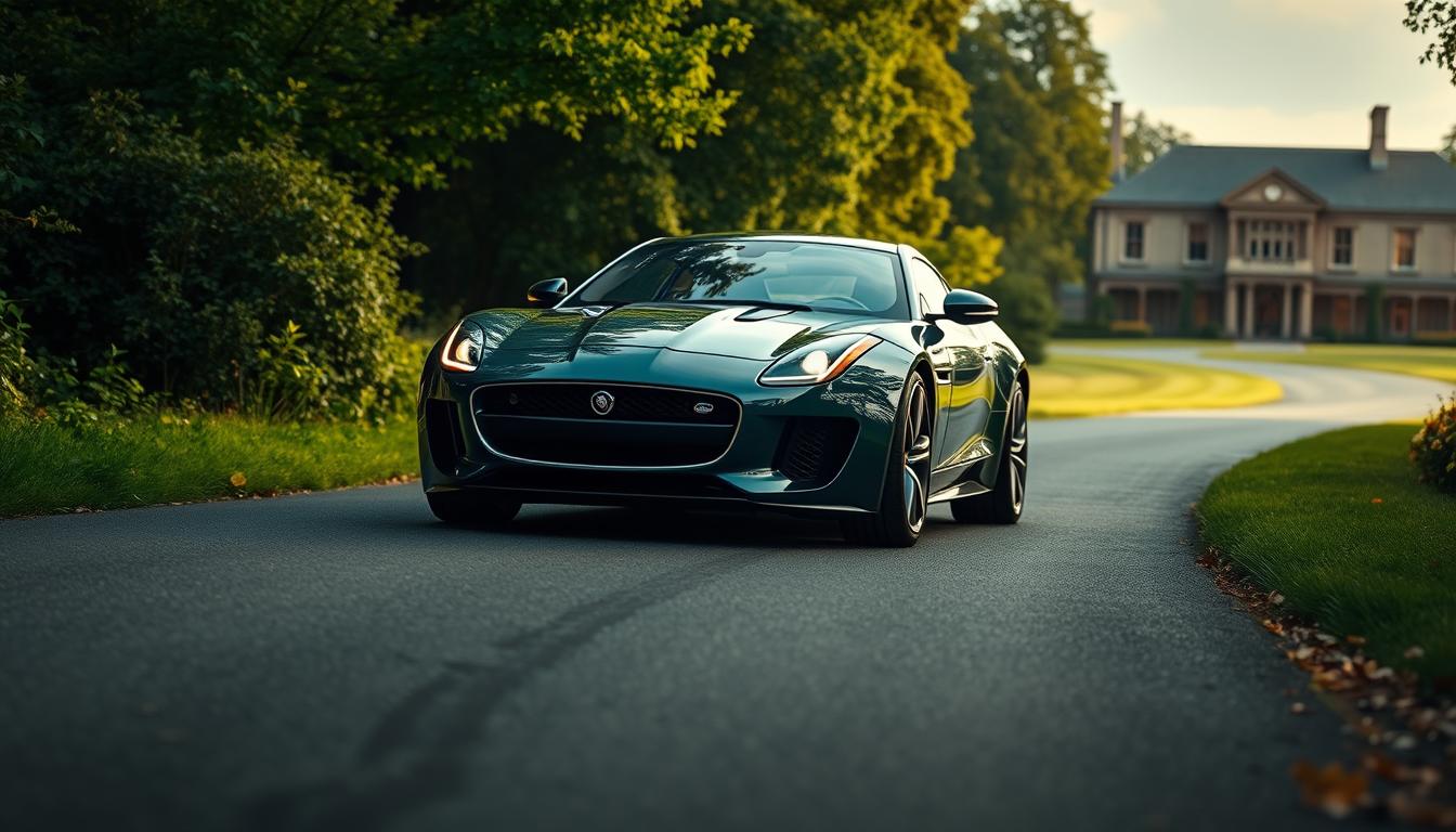 Jaguar EconoMix Plus: A Majestic British Feline Amid Elegant Surroundings. A sleek and powerful Jaguar sports car sits on a winding country road, framed by lush, verdant foliage and a stately manor in the background. The vehicle's graceful lines and distinctive grille capture the essence of British automotive elegance. Soft, warm lighting casts a refined glow, highlighting the car's premium EconoMix Plus branding. The scene evokes a sense of timeless sophistication, a subtle challenge to the modern, tech-driven automotive landscape.