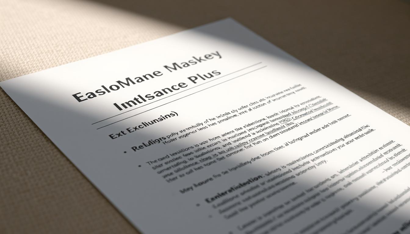 A detailed high-quality image of an insurance policy document with the &quot;EconoMix Plus&quot; branding visible, showcasing the exclusions and limitations section. The document is placed on a neutral-colored surface, with natural lighting casting soft shadows. The focus is on the policy text, highlighting the key exclusions in a clear and organized manner, without any distracting elements. The overall mood is informative and professional, conveying the importance of understanding policy limitations when securing one's home.