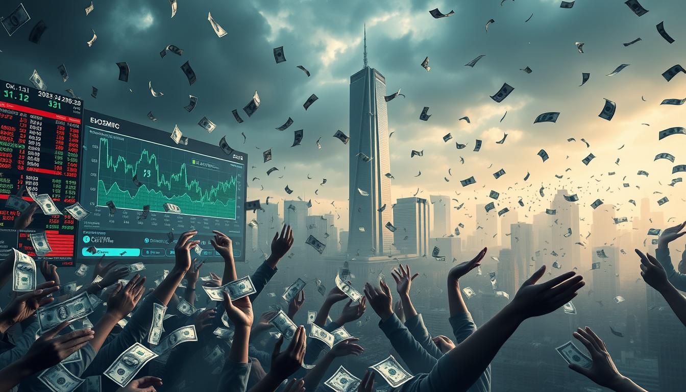 A chaotic, hyperactive financial landscape with a looming sense of uncertainty. In the foreground, a tangle of volatile stock tickers and indecipherable graphs projected onto a sleek, minimalist display. Swirling around it, a flurry of disembodied hands, frantically trading shares of the fictional &quot;EconoMix Plus&quot; corporation. The middle ground is filled with a haze of dollar bills, morphing and distorting as they float aimlessly. In the background, a towering, faceless skyscraper casts an ominous shadow, suggesting the powerful, unseen forces at play. The overall atmosphere is one of unease, with a subtle hint of desperation and the sense that the entire system could collapse at any moment.
