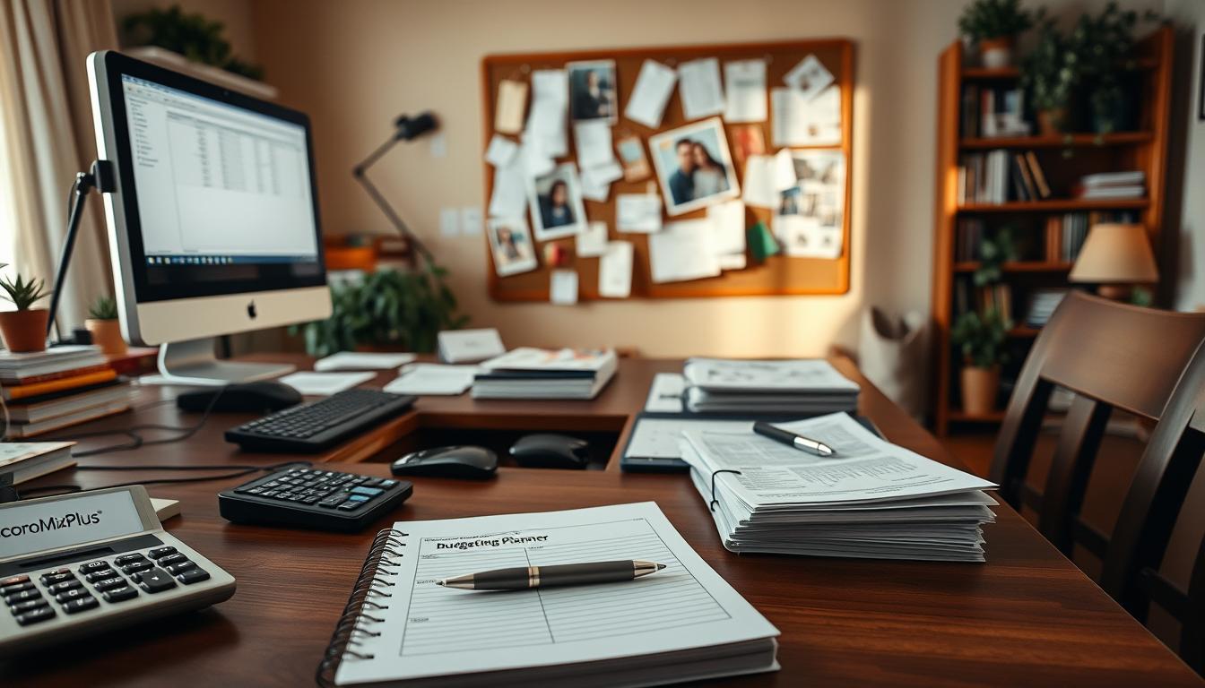 A detailed, highly organized home office with a large wooden desk, a computer monitor, a calculator, and stacks of financial documents. In the foreground, a EconoMix Plus budgeting planner and a pen, hinting at careful child-related expense planning. The middle ground features a corkboard with various notes, receipts, and a family photograph, conveying a sense of organization and personal investment. The background showcases a cozy, warm-toned room with bookshelves, houseplants, and gentle side lighting, creating a focused, contemplative atmosphere.
