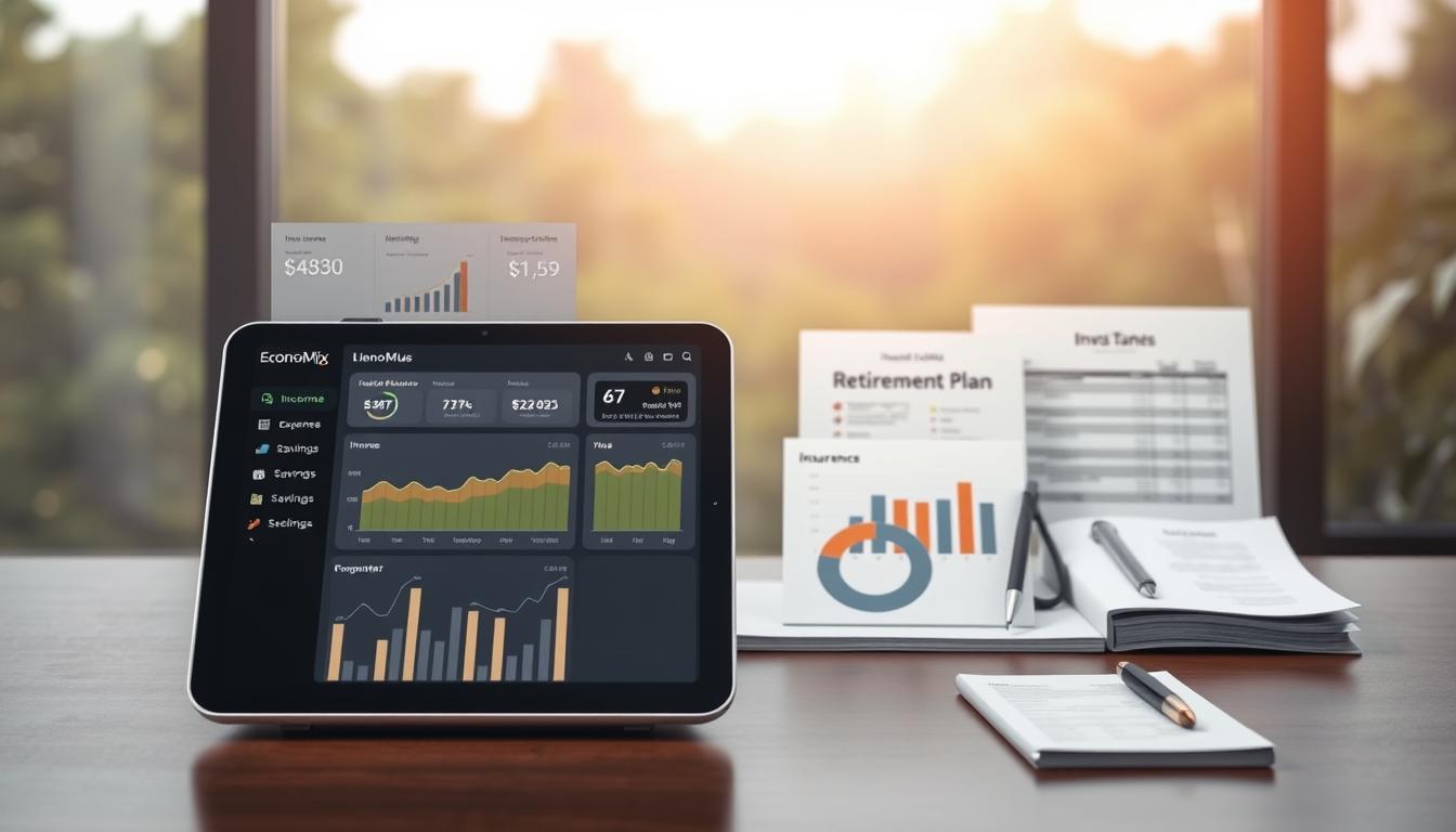 A modern, minimalist financial dashboard showcasing the essential financial instruments for a new family. In the foreground, a sleek EconoMix Plus device displays charts and graphs tracking income, expenses, savings, and investments. The middle ground features neatly organized financial documents, including a budget planner, retirement plan, and insurance policies. The background depicts a serene, nature-inspired environment with soft lighting, emphasizing the stability and security of a solid financial foundation. The overall atmosphere conveys a sense of control, organization, and peace of mind for a new family's financial well-being.