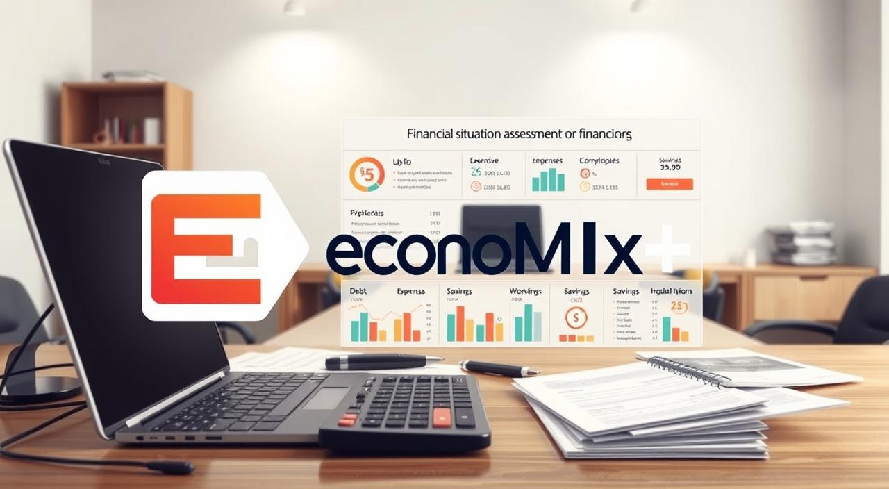 A high-resolution, photorealistic illustration of a financial situation assessment, with the EconoMix Plus logo prominently displayed. The foreground depicts a desktop workspace with a laptop, calculator, and various financial documents. The middle ground showcases an infographic-style visualization of income, expenses, savings, and debt, all neatly organized. The background features a calm, neutral office setting with subtle lighting, creating a professional and analytical atmosphere.