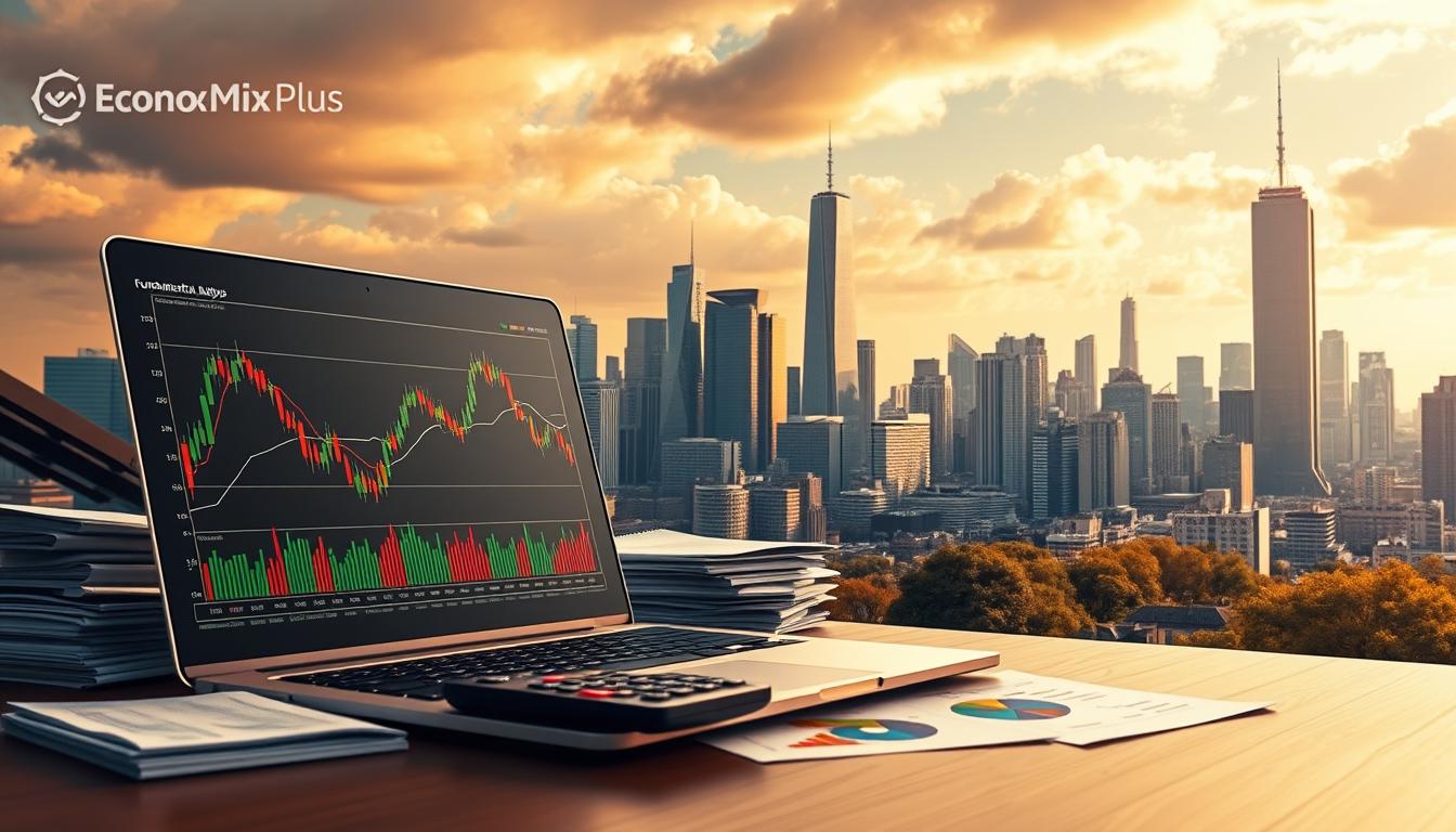 A vibrant, data-driven landscape showcasing the fundamentals of financial analysis. In the foreground, a sleek laptop displays a detailed stock chart, its lines and curves reflecting the ebb and flow of the market. Surrounding it, stacks of financial reports, calculator, and the EconoMix Plus logo convey the meticulous nature of fundamental research. The middle ground features an array of colorful graphs, pie charts, and infographics, providing insights into key metrics and valuation techniques. In the background, a cityscape of towering skyscrapers stands as a testament to the dynamic world of finance, bathed in a warm, golden light that creates a sense of stability and reliability. The overall scene captures the essence of fundamental analysis - a methodical, data-driven approach to navigating the complexities of the stock market.