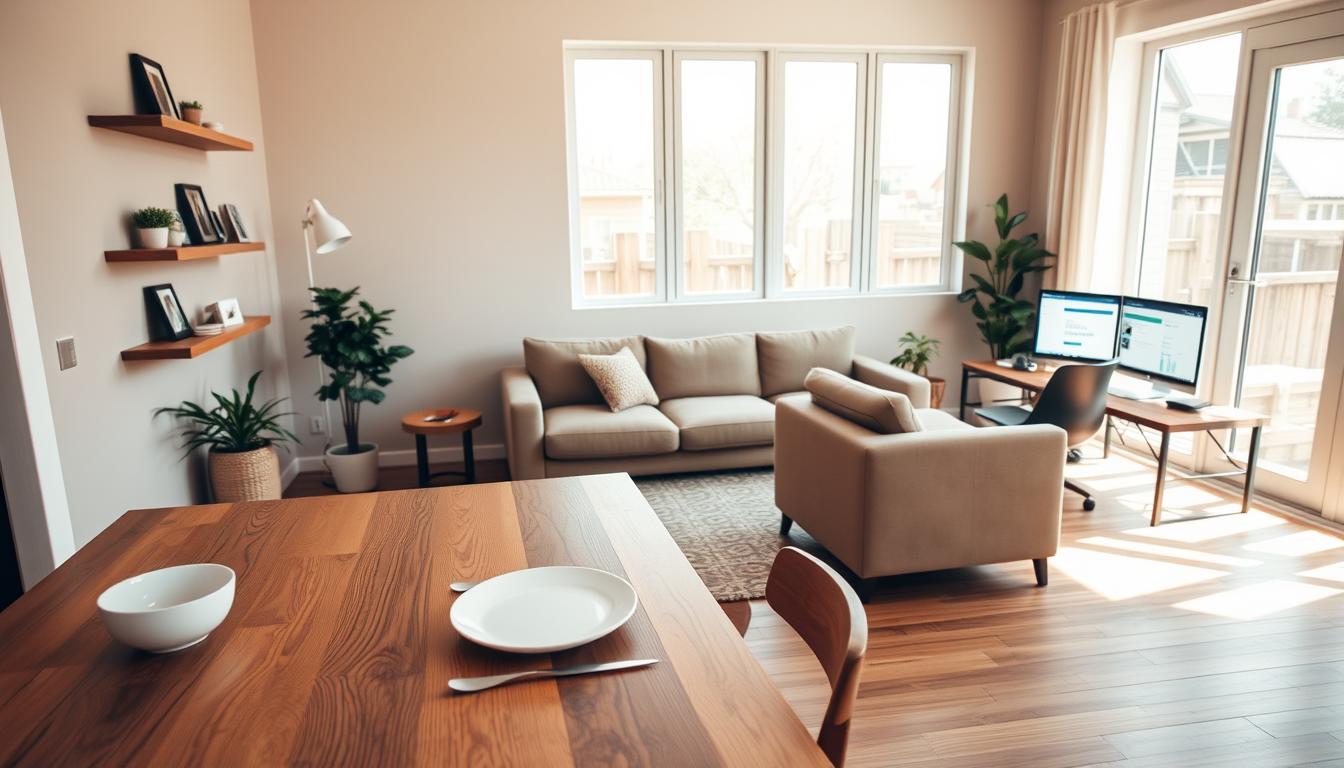 A cozy living room scene with a modern, minimalist aesthetic. The walls are painted a soft beige, and natural light streams in through large windows, casting a warm glow. In the foreground, a sturdy oak dining table is set with a simple place setting, representing essential family meals. Floating shelves on the wall display a few personal items, like framed family photos and a small potted plant, adding a touch of homey charm. The middle ground features a comfortable, neutral-toned sofa and armchair, ideal for relaxing or budgeting household finances. In the background, a well-organized home office setup with a sleek desktop computer, the EconoMix Plus household budgeting software visible on the screen. The overall atmosphere is cozy, practical, and focused on the essentials for a new family.