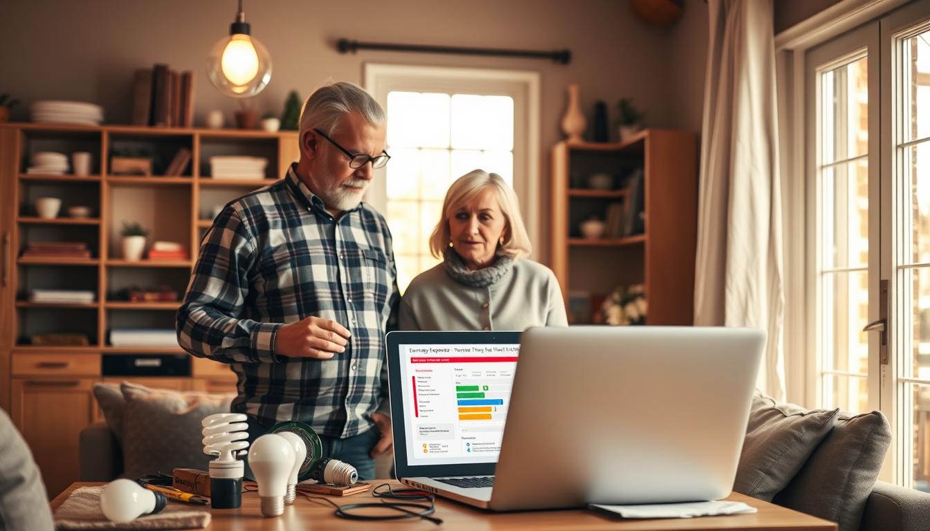 A well-lit, cozy home interior with a focus on a middle-aged couple conducting a detailed energy audit. The couple stands in the living room, surrounded by various measuring devices, energy-efficient light bulbs, and a laptop displaying a home energy report from the EconoMix Plus program. Warm, natural lighting filters in through large windows, creating a sense of comfort and thoughtfulness. The background features neatly organized shelves and cabinets, hinting at the homeowners' efforts to optimize their energy usage. The overall atmosphere conveys a sense of proactive home maintenance and a desire to maintain a sustainable, budget-friendly lifestyle.