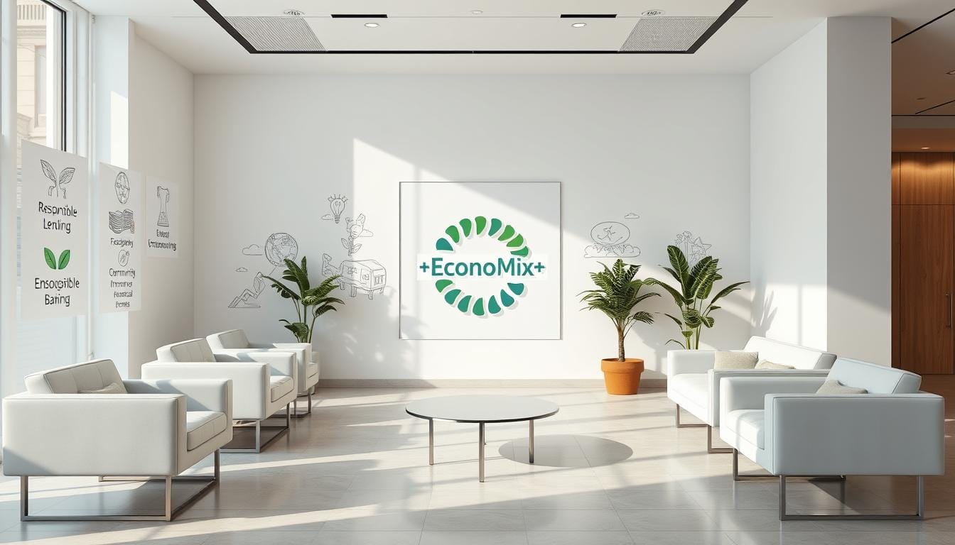 A clean, modern banking workspace with sleek furniture and minimalist decor. The walls are adorned with illustrations depicting ethical banking principles: responsible lending, environmental sustainability, community investment, and financial transparency. A central display features the EconoMix Plus logo, showcasing the brand's commitment to ethical practices. Soft, natural lighting illuminates the scene, creating a serene, professional atmosphere. The composition emphasizes balance, symmetry, and attention to detail, reflecting the core values of ethical banking.