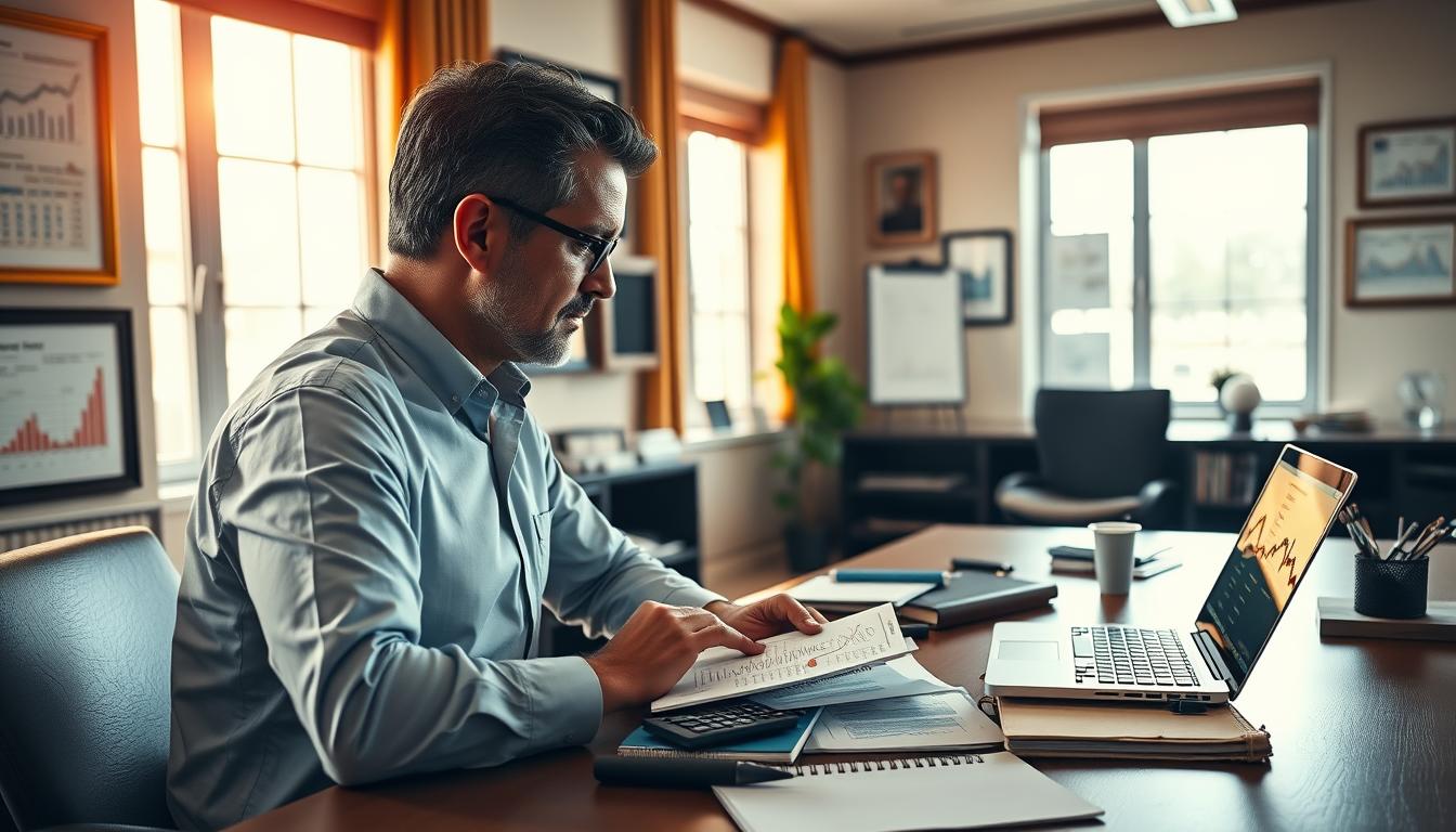 A well-appointed office interior, bathed in warm, natural light streaming through large windows. On the desk, a laptop displaying financial data, surrounded by neatly organized documents, a calculator, and the &quot;EconoMix Plus&quot; branded notebook. The walls are adorned with framed financial charts and graphs, conveying a sense of analytical rigor. In the foreground, a thoughtful investor examines investment options, considering various valuation techniques to make an informed decision. The overall atmosphere is one of focused concentration and financial acumen.