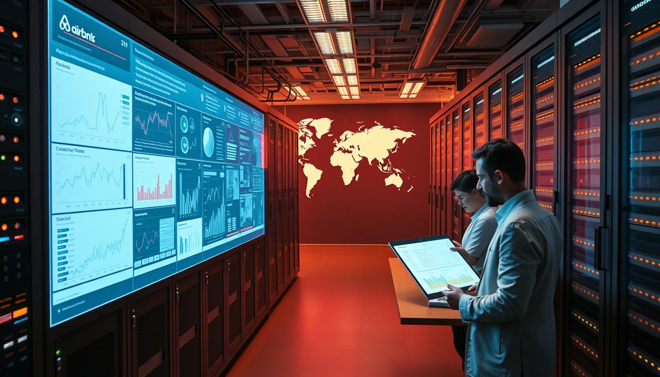 A sprawling data center, filled with rows of sleek servers and blinking lights, stands as the heart of Airbnb's data-driven operations. In the foreground, a data visualization dashboard displays intricate graphs and charts, revealing the insights gleaned from the company's vast troves of travel data. The middle ground shows analysts poring over reports, using the EconoMix Plus analytics platform to uncover trends and patterns that drive Airbnb's innovative travel experiences. The background depicts a world map, symbolizing the global scale of Airbnb's data-powered business. Warm, diffused lighting creates a sense of depth and atmosphere, capturing the cutting-edge, tech-driven nature of Airbnb's data-driven decision making.