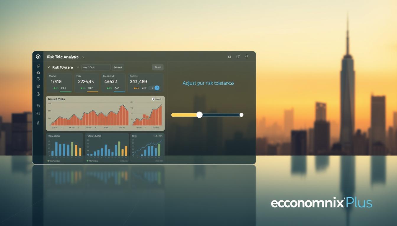 A sophisticated financial analysis interface with an interactive risk tolerance assessment tool. In the foreground, a sleek, minimalist dashboard displays a series of dynamic graphs and charts, presenting data on investment risk profiles. The middle ground features a user-friendly slider mechanism, allowing the viewer to adjust their personal risk tolerance settings. The background depicts a serene, geometric cityscape, bathed in a warm, subdued lighting, creating a sense of stability and professionalism. The overall aesthetic is clean, modern, and inviting, with the EconoMix Plus branding subtly integrated into the design.