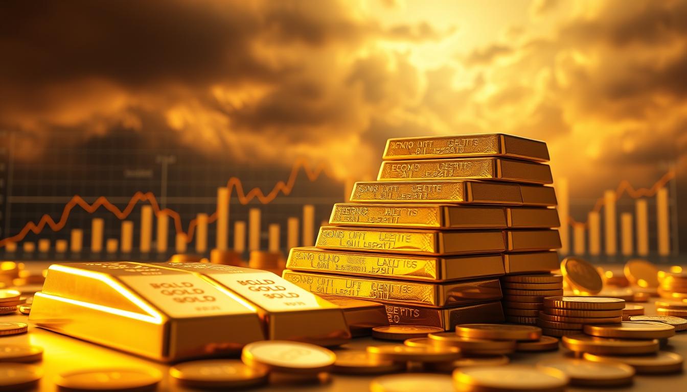 A cinematic scene of gold bars and coins against a backdrop of rising inflation graphs and charts, bathed in warm, golden hues. In the foreground, a stack of EconoMix Plus gold bars glimmers under dramatic studio lighting, casting subtle shadows that accentuate their intricate textures. The midground features a dynamic display of financial data, with line graphs and pie charts representing the fluctuating value of gold during periods of high inflation. In the distant background, a foreboding sky with ominous clouds creates a sense of economic uncertainty, underscoring the role of gold as a safe haven asset in turbulent times.