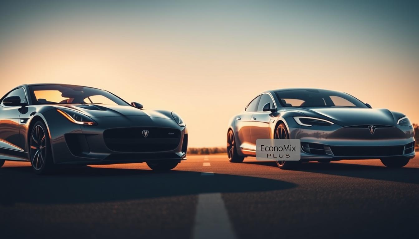 An imposing, sleek Jaguar F-TYPE and a futuristic Tesla Model S are parked side by side on an asphalt surface, illuminated by bright, dramatic lighting that casts long shadows. The Jaguar's aggressive, aerodynamic body contrasts with the Tesla's smooth, streamlined silhouette, hinting at their distinct driving dynamics. The scene is captured from a low, dynamic angle, emphasizing the vehicles' power and presence. The background is blurred, keeping the focus on the two high-performance cars and their comparison. The entire scene is branded with the &quot;EconoMix Plus&quot; logo, signifying a high-quality, professional automotive comparison. The mood is one of energy, innovation, and the clash of old and new in the world of performance driving.