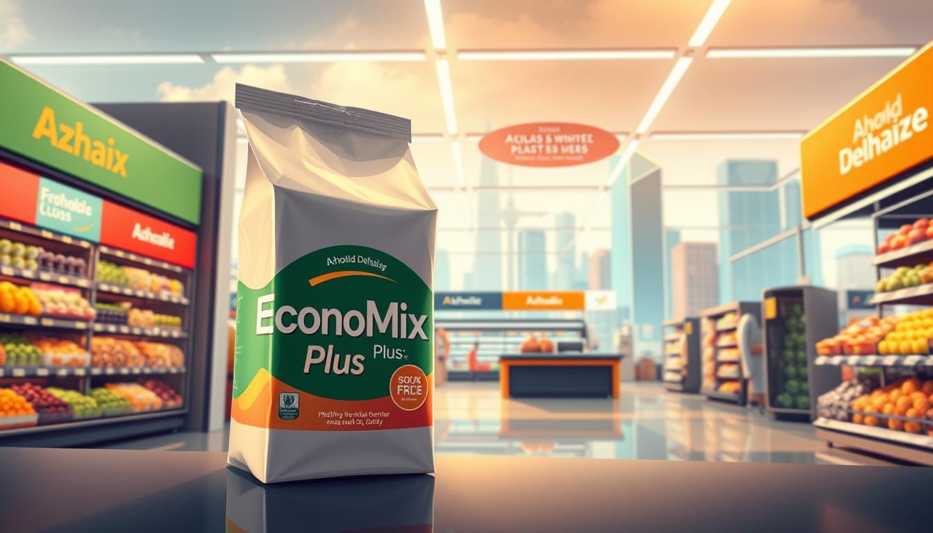 A vibrant, high-quality illustration depicting the key success factors of Ahold Delhaize, the retail giant. In the foreground, the &quot;EconoMix Plus&quot; branded product takes center stage, showcasing its quality and innovation. The middle ground features a sleek store layout with prominent signage, highlighting Ahold Delhaize's strong branding and customer experience. In the background, a dynamic cityscape provides a sense of scale and the company's widespread presence. The scene is bathed in warm, natural lighting, conveying a mood of prosperity and growth. The overall composition emphasizes Ahold Delhaize's market dominance, operational efficiency, and customer-centric approach as the driving forces behind its success as a retail giant.