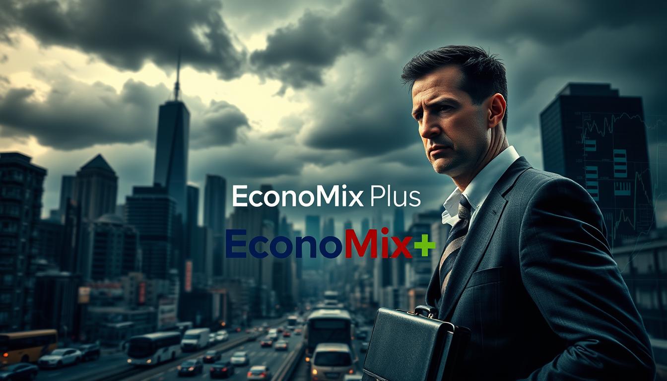 A bustling city skyline with looming storm clouds overhead, casting an ominous atmosphere. In the foreground, a businessman clutching a briefcase, his face etched with worry, navigating the chaotic streets. The middle ground features the EconoMix Plus logo, symbolizing the financial crisis management tools available. In the background, a tangled web of stock charts and financial data, reflecting the complex nature of short-term financial challenges. Dramatic lighting emphasizes the sense of urgency, while a gritty, photorealistic style conveys the gravity of the situation.